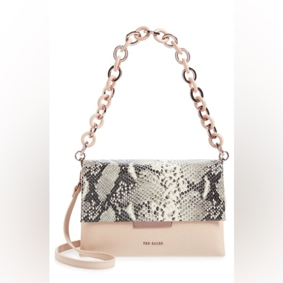 NWT Ted Baker Alani Snake Embossed Leather Shoulder Bag Taupe Pink Chain Cross - Picture 3 of 15